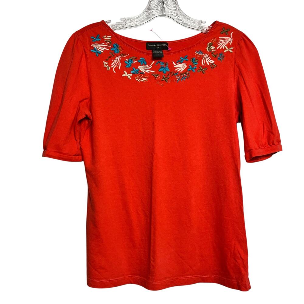 Banana Republic Orange Floral Embroidered T Shirt‎ 100% Cotton S (2907)